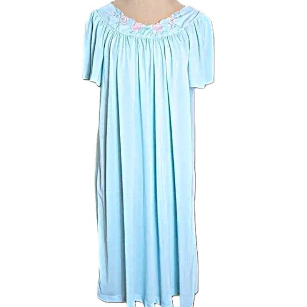 Vintage Shadowline Nightgown Embroidered Neckline Chemise Floral Housedress Long